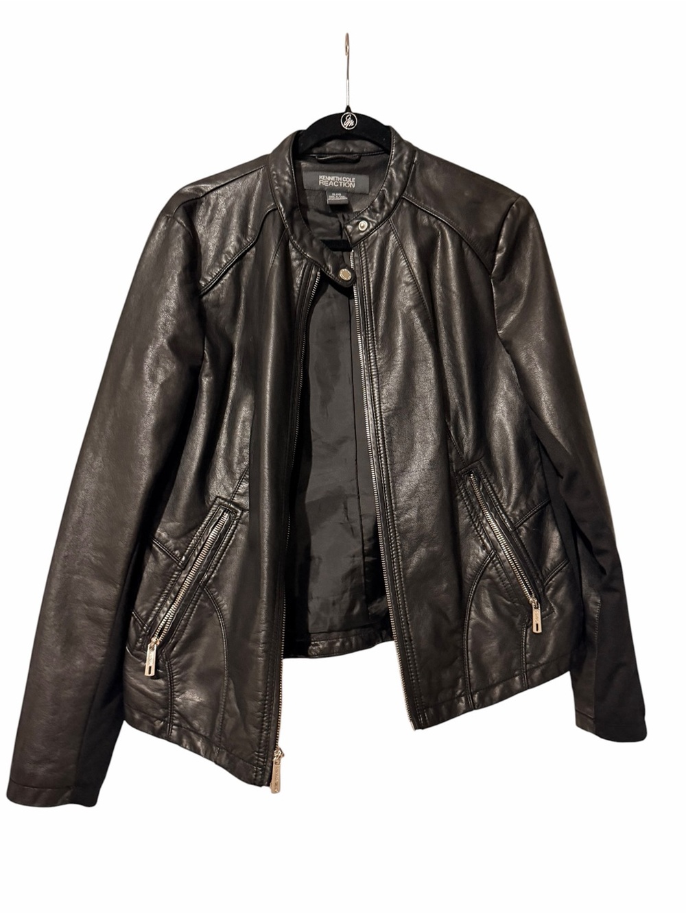 Kenneth Cole Reaction Black Faux Leather Bomber Jacket